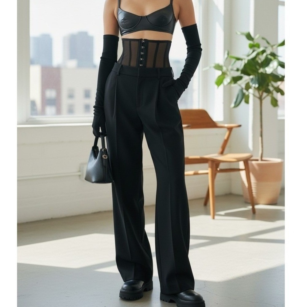Monse Bustier Trouser NWT Womens 4‎ Black Wool Mesh Corset Waist Wide Leg Pant